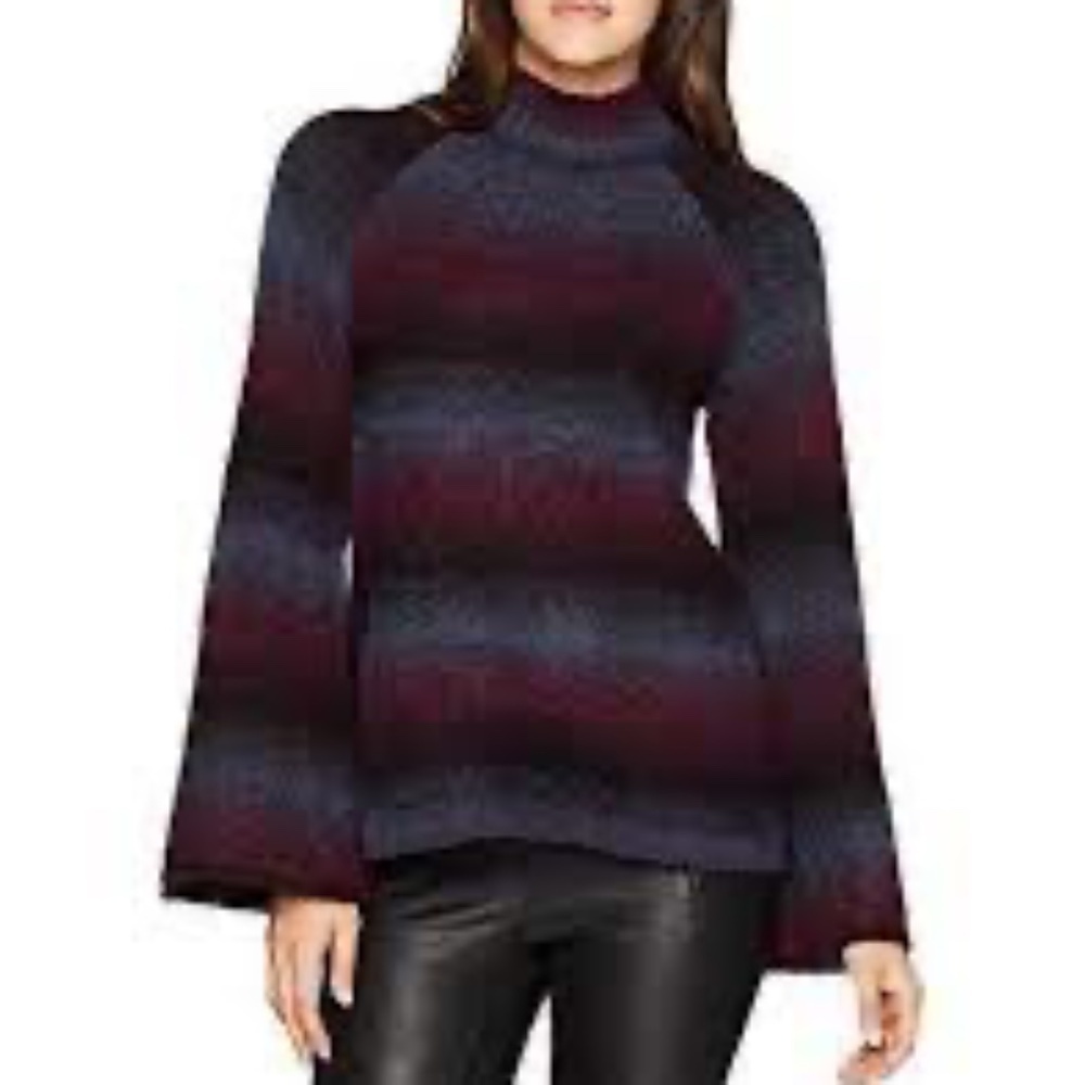 KENSIE Ombre Touch Striped Mock Neck Trumpet Sleeve Sweater